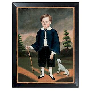 Attributed to Joseph Goodhue Chandler, Folk Art Portrait of a Young Boy with Dog