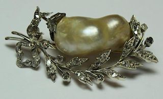 JEWELRY. Antique Baroque Pearl and Diamond Brooch.