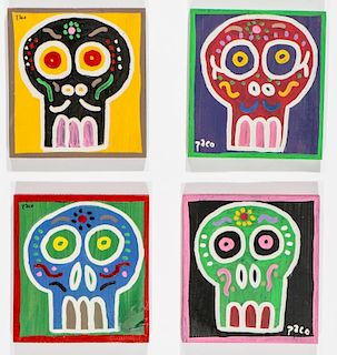 Felici La Muerte "PACO" (20th c.) 4 Skull Paintings