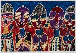 Ade Oyelami (Nigerian, 20th c.) Batik Painting on Rice Paper