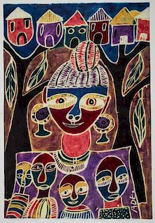 Ade Oyelami (Nigerian, 20th c.) Batik Painting on Rice Paper