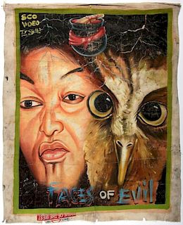 Vintage African Movie Poster: Faces Of Evil, Painting on Cloth (recycled flour bag)