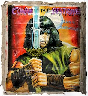 Vintage African Movie Poster: Conan The Destroyer, Painting on Cloth (recycled flour bag)