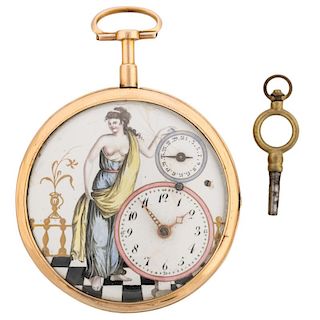 MEURON & COMP, NEUCHATEL, 18K GOLD VERGE POCKET WATCH WITH PAINTED ENAMEL DIAL, CASE NO.4572, CIRCA 1820-1855