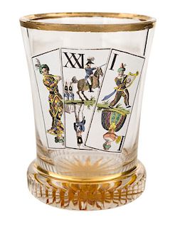 AN ANTIQUE AUSTRIAN GLASS BEAKER WITH IMAGE OF THREE PLAYING CARDS,  AFTER ANTON KOTHGASSER, VIENNA, SECOND HALF OF 19TH CENT