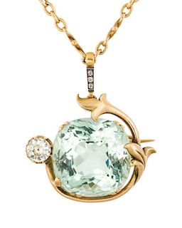 A FABERGE AQUAMARINE, DIAMOND AND GOLD PENDANT BROOCH, MOSCOW, 1908-1917