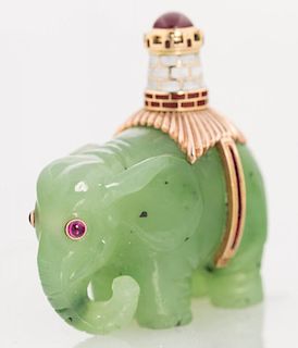 A FABERGE JEWELLED GOLD-MOUNTED CARVED NEPHRITE FIGURE OF AN ELEPHANT AND CASTLE, MICHAEL PERCHIN, ST. PETERSBURG, 1888-1899
