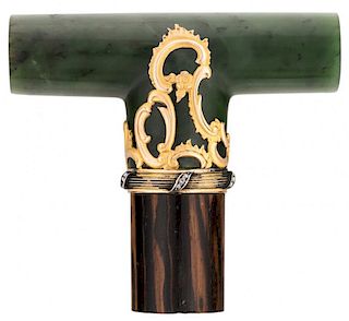NEPHRITE PARASOL HANDLE WITH JEWELLED GOLD MOUNTS, LIKELY BY MIKHAIL PERCHIN, FABERGE, ST. PETERSBURG, CIRCA 1890