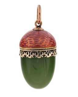 A FABERGE JADE, GOLD, AND GUILLOCHE ENAMEL PENDANT EASTER EGG IN THE FORM OF AN ACORN, MICHAEL PERCHIN, ST. PETERSBURG, 1888-