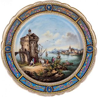 A SCENIC PAINTED PORCELAIN CHARGER, AFTER MEISSEN MANUFACTORY