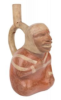 A PRE-COLUMBIAN MOCHE-STYLE FIGURAL VASE OF A SITTING MAN, PERU, C. 400 AD