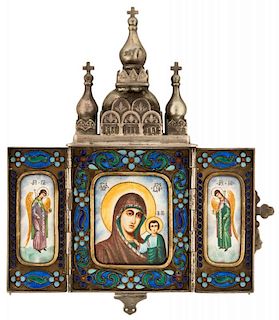 A TRAVEL TRIPTYCH OF MARY AS THE QUEEN OF HEAVEN IN A SILVER _ASE SHAPED AS A CHURCH, MARKED TI, MOSCOW, AFTER 1908