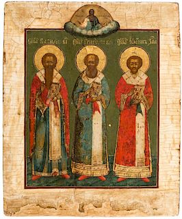 A RUSSIAN ICON OF THE THREE HOLY HIERARCHS, 19TH CENTURY