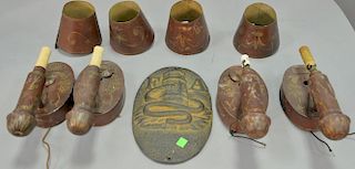 Five piece lot to include four tole sconces with tole shades paint and gilt decorated (ht. 10in.) and iron fire mark.