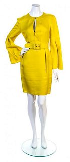 A Gucci Chartreuse Silk Bell Sleeve Dress, Dress: size 44; Belt: 30"- 32" x 2".