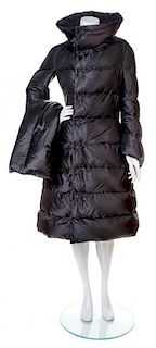A Junya Wantanabe Black Puffer Coat, Coat size M; Scarf 75" x 12".