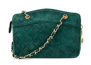 A Chanel Green Velvet Quilted Handbag, 8.25" x 6.25" x 2"; Strap drop 7''.