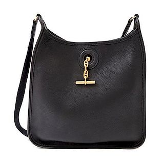 An Hermes Black Leather Vespa Bag, 11" x 11" x 3"; Strap drop: 18.5".