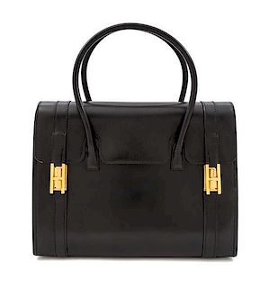 An Hermes Black Leather Drag Handbag, 10" x 8" x 4"; Top Handle 4".