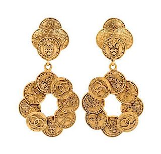 A Pair of Chanel Coin Drop Earclips, 3.5" x 1.5".
