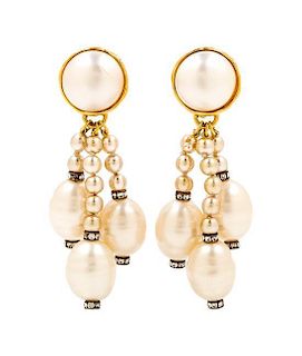 A Pair of Chanel Faux Pearl Earclips, 3.5" x 1.5".