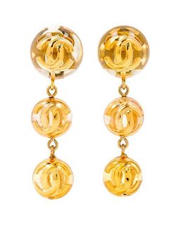 A Pair of Chanel Lucite and Goldtone Drop Earclips, 3.5".