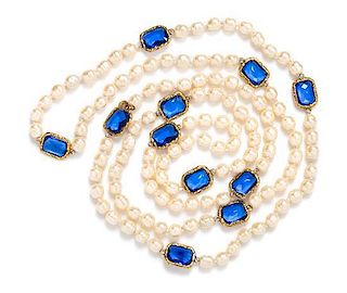 A Chanel Faux Pearl and Blue Gripoix Chicklet Sautoir, 64" length.