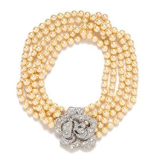 A Kenneth Jay Lane Pearl Necklace, Length: 18.5"; Flower: 2.75" x 2.75".