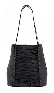 A Jean Paul Gaultier Black Leather Corset Handbag, 13" x 13" x 4.5"; Strap drop: 12".
