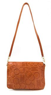 A Prada Brown Leather Messenger Bag, 13" x 10" x 3.5"; Strap drop: 17".
