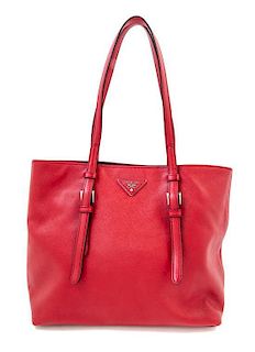 A Prada Red Saffiano Leather Tote Bag, 15" x 10.75" x 5.25"; Strap drop: 8.75".