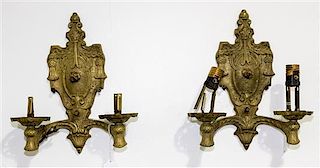 A Pair of Neoclassical Brass Two-Light Sconces Height 11 1/4 inches.
