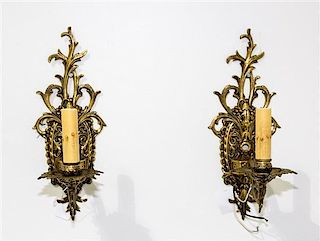 A Pair of Brass Sconces Length 12 1/2 inches.