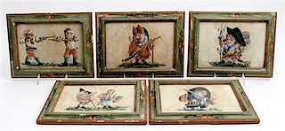 * A Set of Five Continental Satirical Caricatures Framed 8 1/2 x 11 1/4 inches.