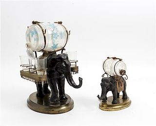 * A Cast Metal and Brass Elephant Form Decanter Set Height of first overall 12 1/2 inches.