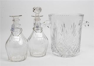 A Cut Glass Wine Cooler and Two Decanters Height of tallest 10 3/4 inches.