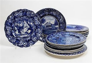 A Collection of English Transfer Decorated Plates Diameter of largest 10 1/4 inches.