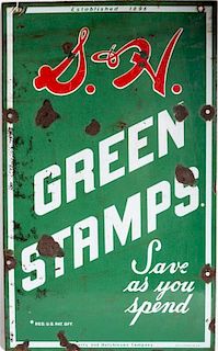 * A Vintage Metal S. & H. Green Stamps Sign 33 x 20 inches.