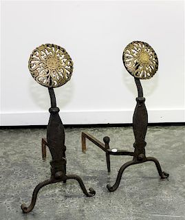 A Pair of Arts & Crafts Brass and Iron Andirons