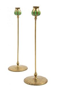 A Pair of Bronze and Blown Out Glass Candlesticks, after the Tiffany Studios Examples Height 17 1/4 inches.