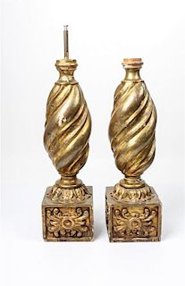 A Pair of Gesso and Gilt Lamp Bases Height of bases 21 inches.