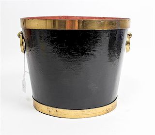 A Black and Gold Metal Ice Bucket Height 10 x diameter 13 inches.