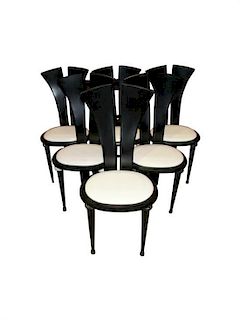 A Set of Six Ebonized Side Chairs Height 38 x width 17 1/2 x depth 15 inches.