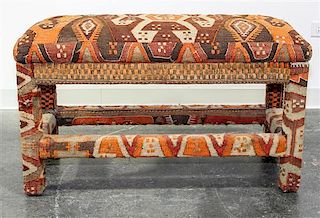 * A Kilim Upholstered Bench Height 19 1/2 x width 35 1/4 x depth 14 1/2 inches.