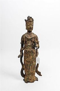 * A Chinese Gilt Bronze Figure of a Standing Guanyin Height 16 inches.