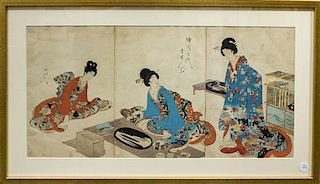 * A Japanese Woodblock Triptych Height 13 1/2 x width 8 3/4 inches (each.)