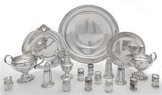 A Collection of Silver Table Articles, , comprising three platters, a creamer, a sugar, nine small casters and five weighted