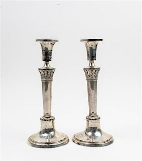 A Pair of German Silver Candlesticks, Maker's Mark IH, Frankfurt Am Main, 19th Century, the trumpet form candle cups above th