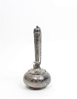A Middle Eastern Rosewater Dropper, , the tapering neck and globular body decorated with floral and foliate motifs throughout