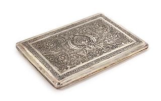 An Iranian Silver Cigarette Case, , the case decorated with floral, foliate and bird motifs.